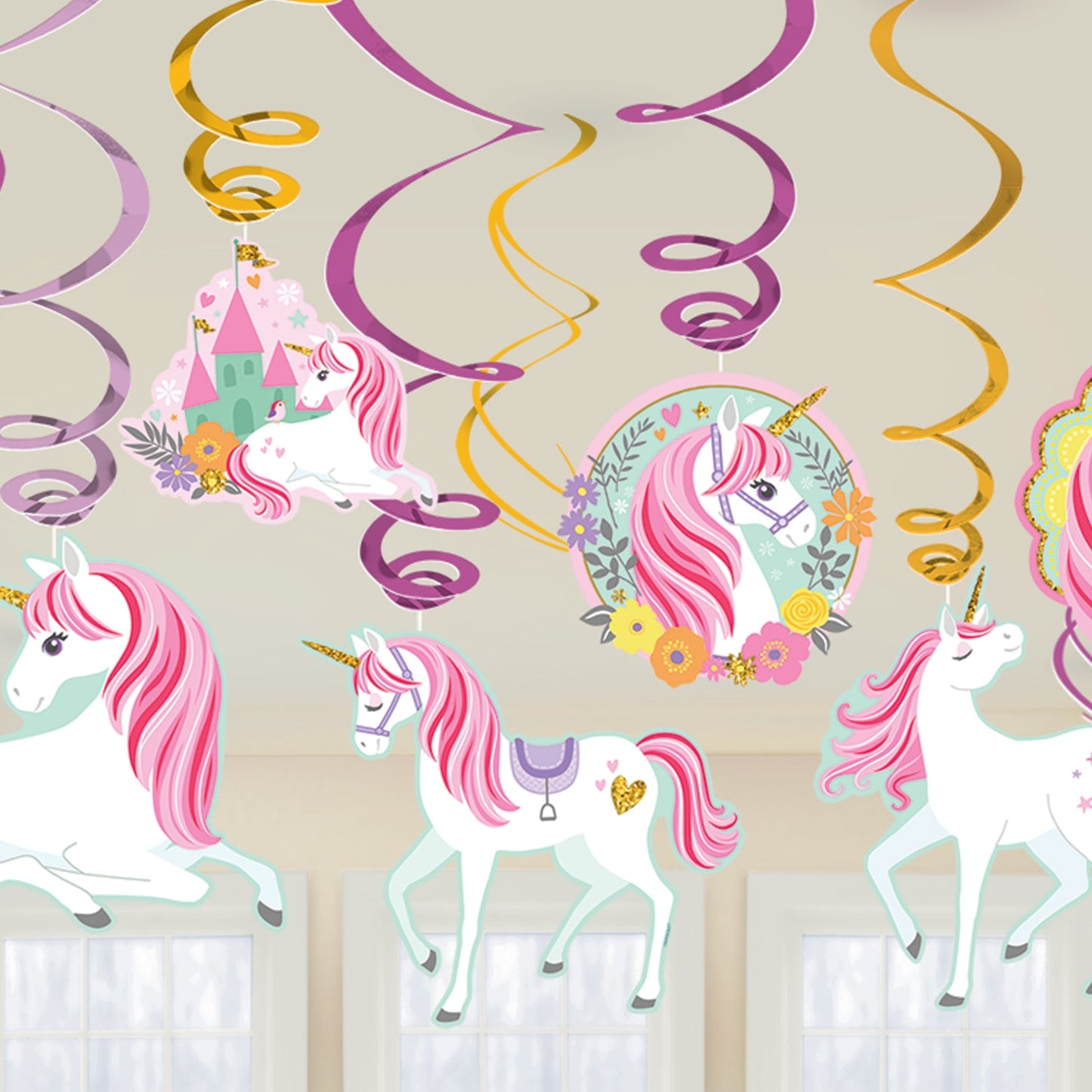 Magical Unicorn Hanging Swirl Decorations contains 6 Foil Swirls 45cm, 6 Foil Swirls 60cm with Cut-outs