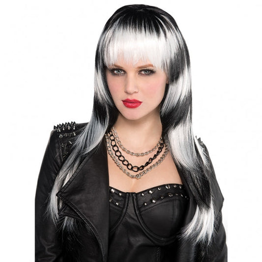 This untamed Black and White Wig cascades down your back in alternating tones and is styled with long, thick bangs., Measures approximately 68cm long, Made of 100% synthetic fibres