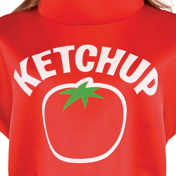 Adult Ketchup Bottle Costume includes tunic and hat. One-piece fabric tunic with open armholes for movement and Ketchup printed on the front in a retro-style font and a red fabric spout hat