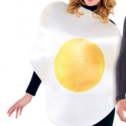 Breakfast Buddies two piece couples fancy dress costume with two printed tunics| one shaped like a slice of bacon and one shaped like a sunny-side up egg with matching headband. 