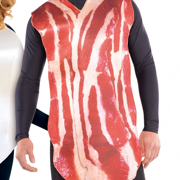 Breakfast Buddies two piece couples fancy dress costume with two printed tunics| one shaped like a slice of bacon and one shaped like a sunny-side up egg with matching headband. 