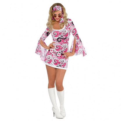 Ladies 1960s Ivana Go Go Costume features a fitted scoop-neck knit dress with bell chiffon sleeves and an all over pink psychedelic print. The chain-link belt with daisy accents and lobster clasp closure can be worn at the hip or waist to define your curves, while the headband adds a sweet touch to this sassy look. Ivana Go Go 1960s Fancy Dress Costume includes dress, headband and belt.