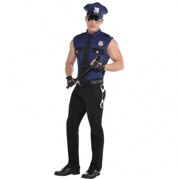 Mens Under Arrest Police Officer Costume includes a sleeveless blue police officer shirt which is made of a stretch material for a comfortable tight fit to show off your muscles, a tie which is easily attached with a hook-and-loop closure, two metal badges, one for the hat and one for the shirt, as well as fingerless gloves. Mens Under Arrest Police Officer Costume includes shirt, hat, tie, gloves and badge.