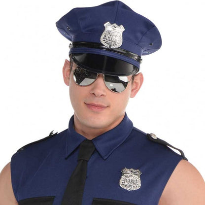 Mens Under Arrest Police Officer Costume includes a sleeveless blue police officer shirt which is made of a stretch material for a comfortable tight fit to show off your muscles, a tie which is easily attached with a hook-and-loop closure, two metal badges, one for the hat and one for the shirt, as well as fingerless gloves. Mens Under Arrest Police Officer Costume includes shirt, hat, tie, gloves and badge.