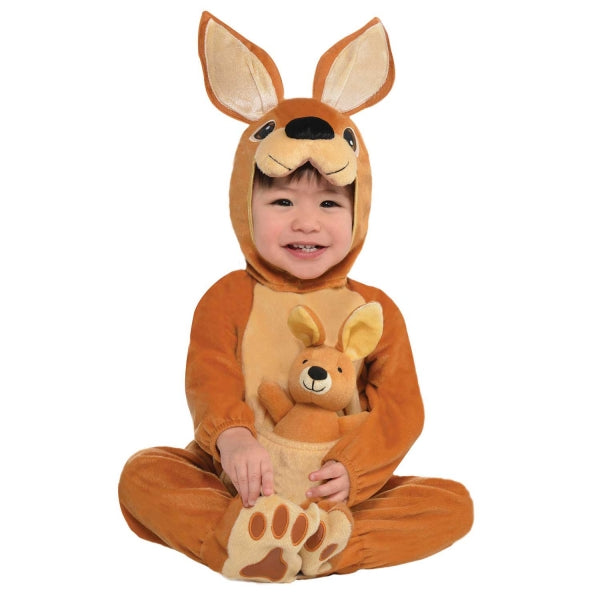 Baby Jumpin Joey Kangaroo Fancy Dress Costume includes jumpsuit, kangaroo head hood, booties and plush toy. The long-sleeved jumpsuit has an attached pouch for carrying the plush kangaroo toy. The hood has tall ears, embroidered eyes and a plush nose and mouth. The look is completed with the matching kangaroo feet booties. Materials: 100% polyester. Care instructions: Hand wash cold, line dry. Remove accessories before washing.