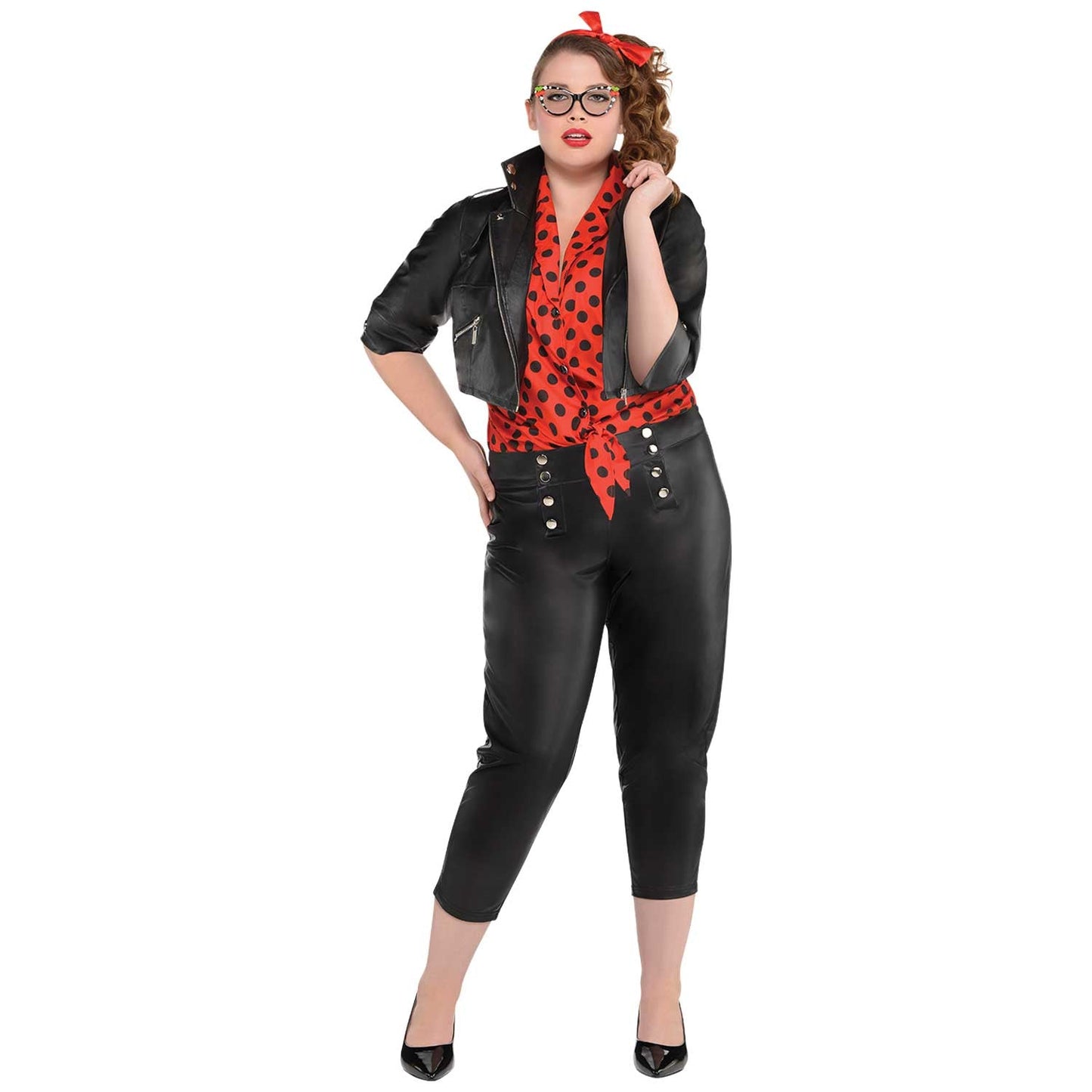 Ladies 1950s Rockin Rebel Rockabilly Costume includes shirt, headscarf, jacket and pants. The high-quality faux leather cropped jacket features a functional zipper and silver stud detailing. The polka dot shirt ties at the bottom to show just the right amount of skin. The black pedal pushers have decorative faux button detailing. Complete with a red headscarf.