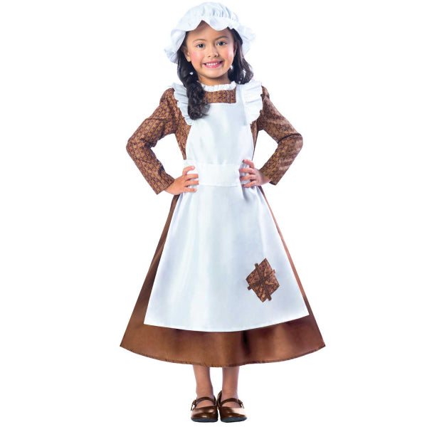 Child Victorian Girl Costume includes dress with attached apron and hat