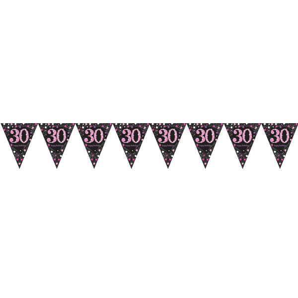 Pink Celebration 30th Birthday Prismatic Pennant Banner. 4m.