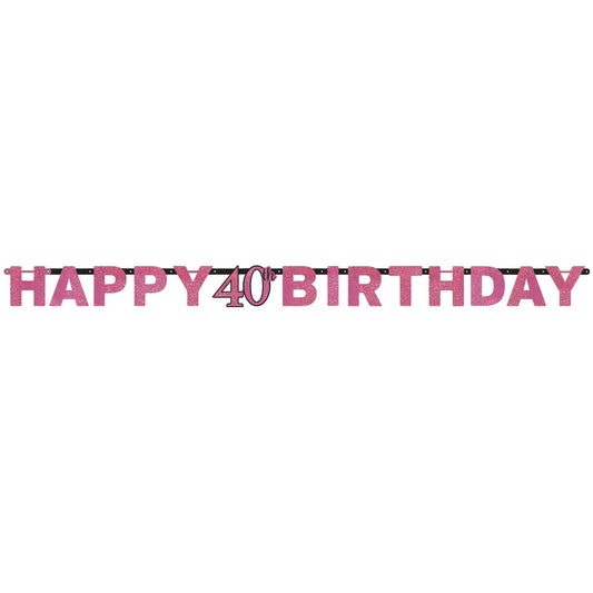 Pink Celebration 40th Happy Birthday Prismatic Letter Banner. 2.13m x 17cm