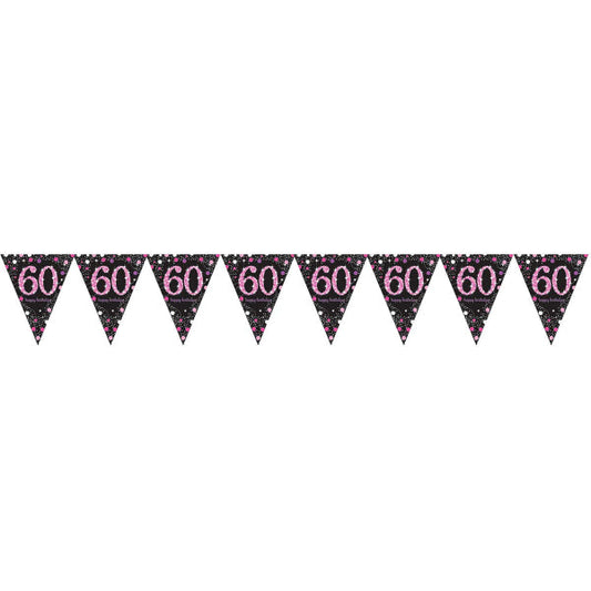 Pink Celebration 60th Birthday Prismatic Pennant Banner. 4m.