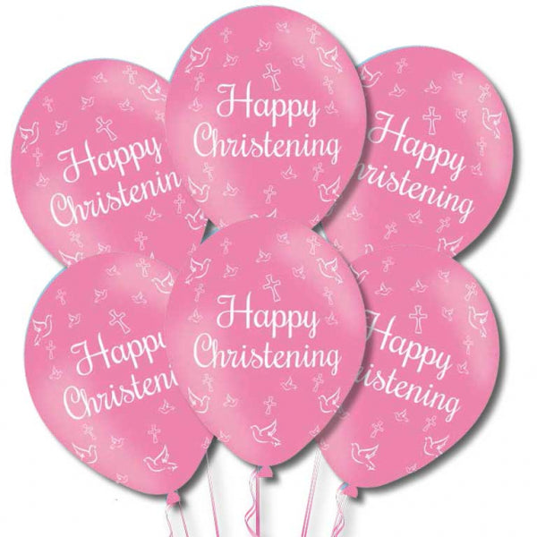 Happy Christening Pink Latex Balloons. Will inflate up to 11in (27.5cm)