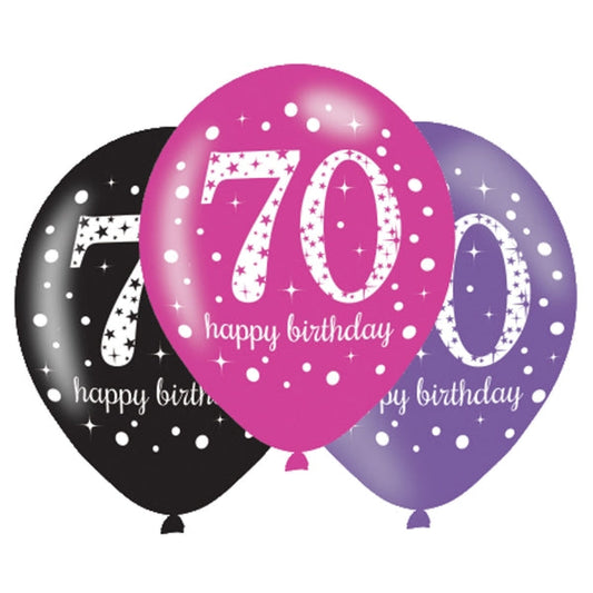 Pink Celebration 70th Birthday Latex Balloons. Will inflate up to 27cm. Suitable for Air fill or Helium fill.