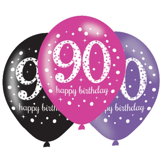 Pink Celebration 90th Birthday Latex Balloons. Will inflate up to 27cm. Suitable for Air fill or Helium fill.