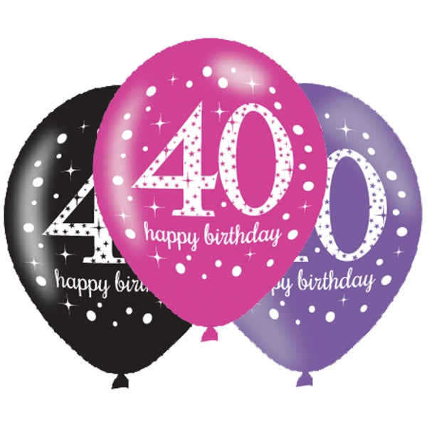 Pink Celebration 40th Birthday Latex Balloons. Will inflate up to 27cm. Suitable for Air fill or Helium fill.