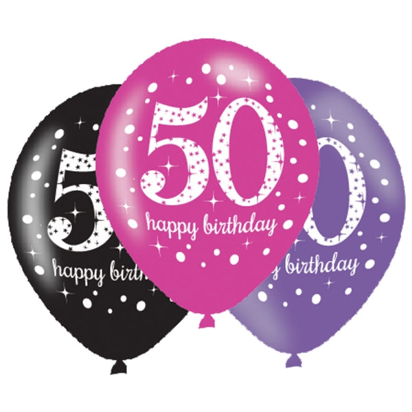 Pink Celebration 50th Birthday Latex Balloons. Will inflate up to 27cm. Suitable for Air fill or Helium fill.