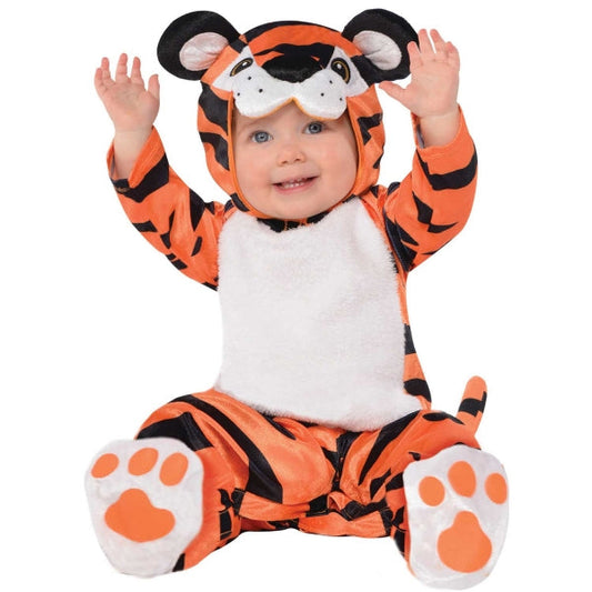 Baby Tiny Tiger Fancy Dress Costume includes a jumpsuit with a velcro release tiger tail, tiger head hood and tiger paw booties. The tiger jumpsuit has allover stripes and a velcro release tiger tail. The tiger head hood features a tiger face, plush ears and white faux fur. The look is completed with cute tiger paw booties. Materials: 100% polyester. Care instructions: Hand wash cold, line dry. Remove accessories before washing