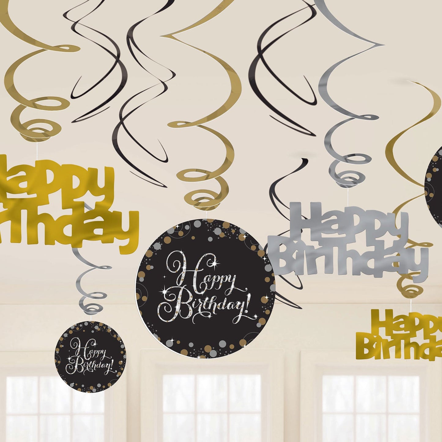 Gold Celebration Birthday Swirl Decorations . Contains 6 Foil Swirls 45cm, 3 Swirls 60cm with Card Numbers, 3 Foil Swirls 60cm with Foil Numbers