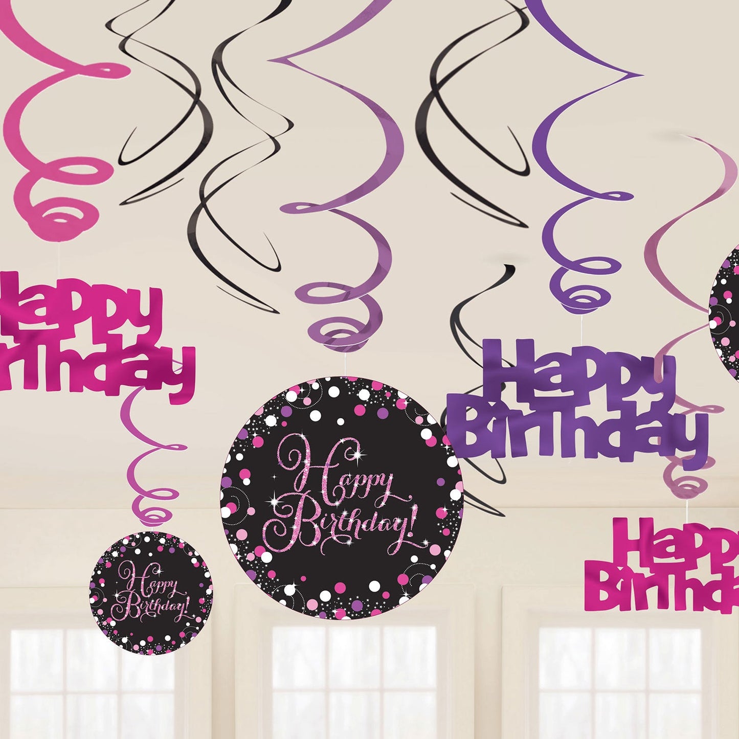 Pink Celebration Birthday Swirl Decorations . Contains 6 Foil Swirls 45cm, 3 Swirls 60cm with Card Numbers, 3 Foil Swirls 60cm with Foil Numbers