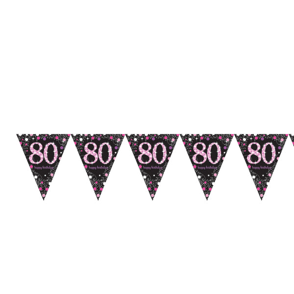 Pink Celebration 80th Birthday Prismatic Pennant Banner. 4m.