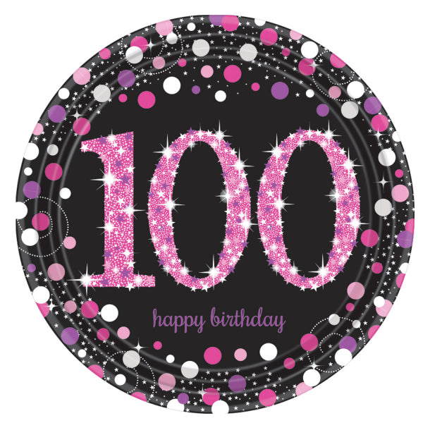Pink Celebration 100th Prismatic Paper Plates 23cm