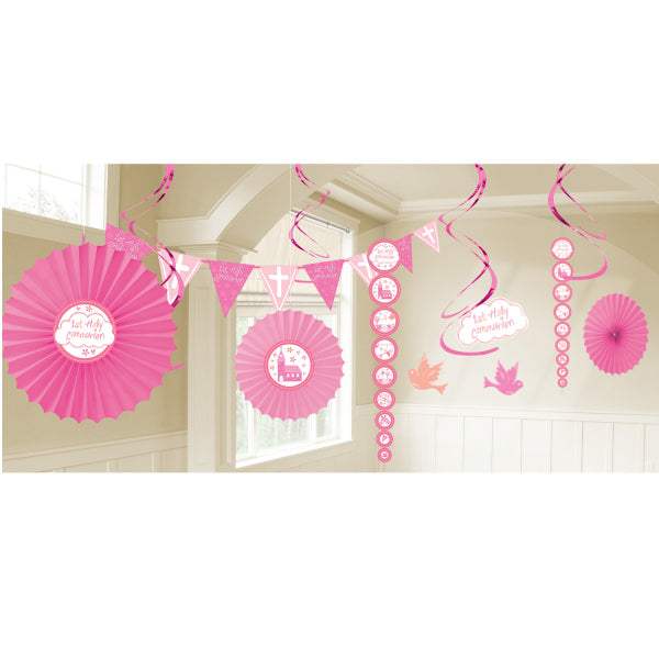 Communion Church Pink Decorating Kit Kit includes 3 x Fans (40cm| 30cm| 20cm)| 6 x Swirls (45cm)| 2 x Hanging Decorations (90cm)| 1 Pennant Banner (2.5m)| 2 x Cut-outs (29cm)| 4 x Cut-outs (19cm)