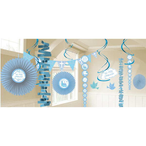 Communion Church Blue Decorating Kit Kit includes 3 x Fans (40cm| 30cm| 20cm)| 6 x Swirls (45cm)| 2 x Hanging Decorations (90cm)| 1 Pennant Banner (2.5m)| 2 x Cut-outs (29cm)| 4 x Cut-outs (19cm)