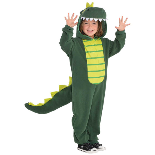 Child Zipster Dinosaur Costume includes jumpsuit with attached hood and tail. The warm hooded jumpsuit features stretch wrist and ankle cuffs, a stuffed tail, and spikes down the back. The attached hoodie has white felt teeth. The all in one is complete with a front zipper.