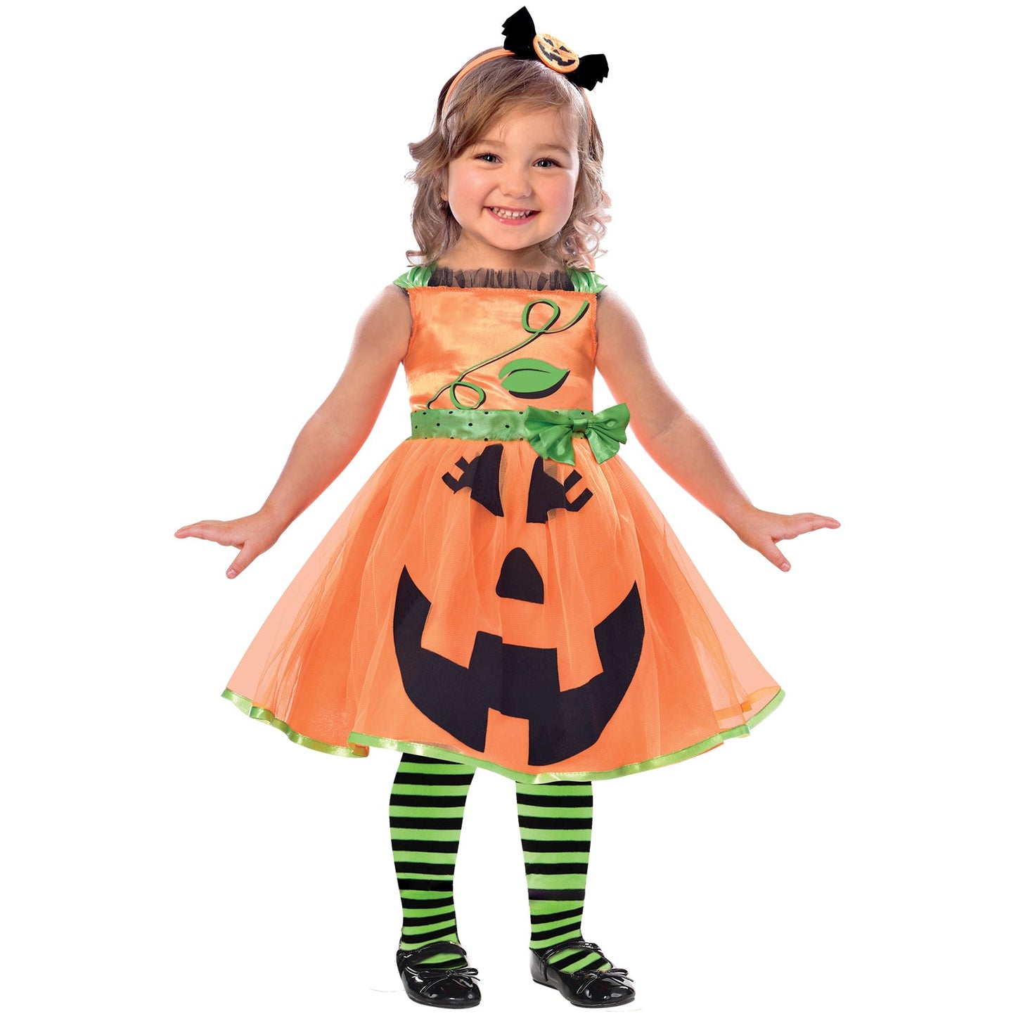 Girls Cute Pumpkin Halloween Costume includes dress and headband