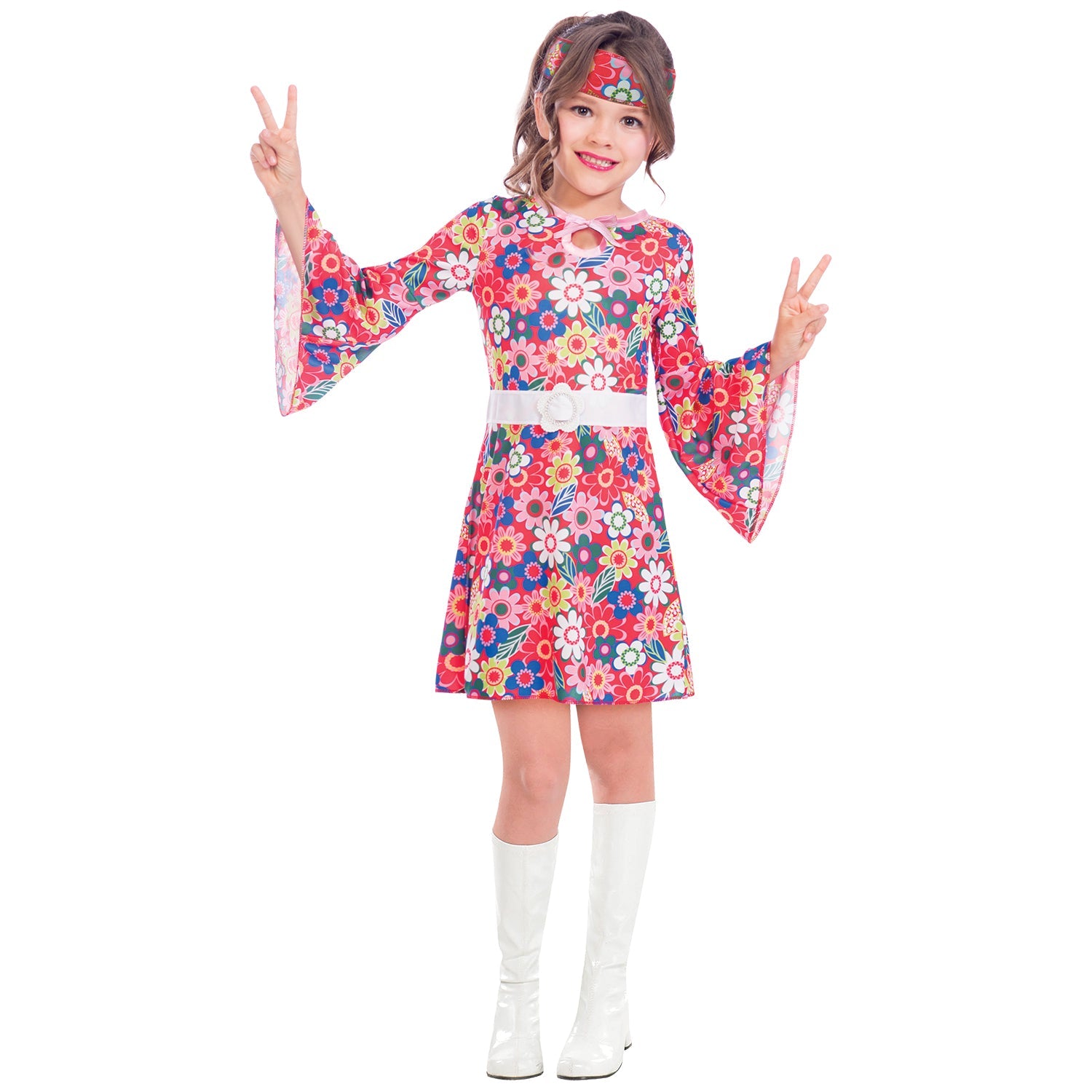 Girls Miss 60s Flower Power Hippie Costume includes dress, belt and headpiece