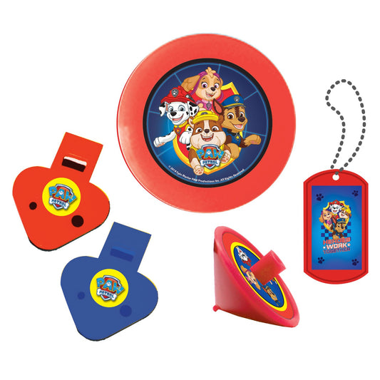 Paw Patrol Party Favour Pack includes, 6 x Flying Discs, 6 x 2 Tone Whistles, 6 x Spinners and 6 x Dog Tags