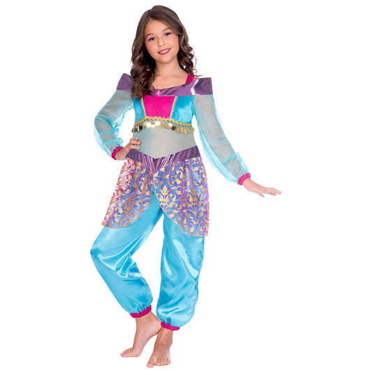 Girls Arabian Genie Costume includes all in one costume with jewels and trim