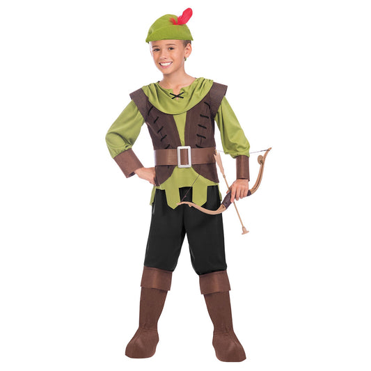 Boys Robin Hood Costume includes top with attached belt, trousers, boot covers and hat