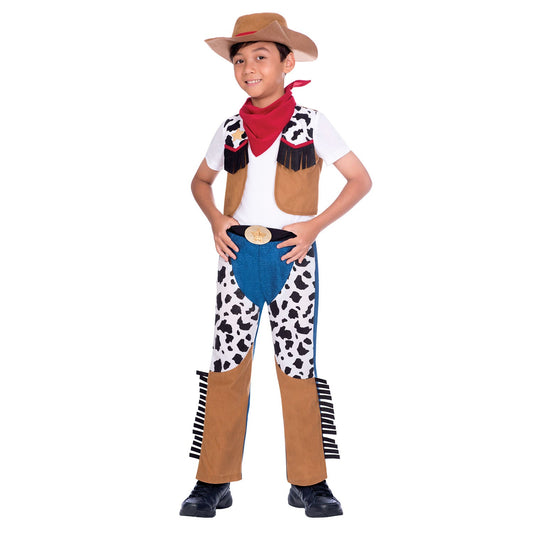 Boys Cowboy Costume includes trousers| top with attached waistcoat| neckerchief and hat