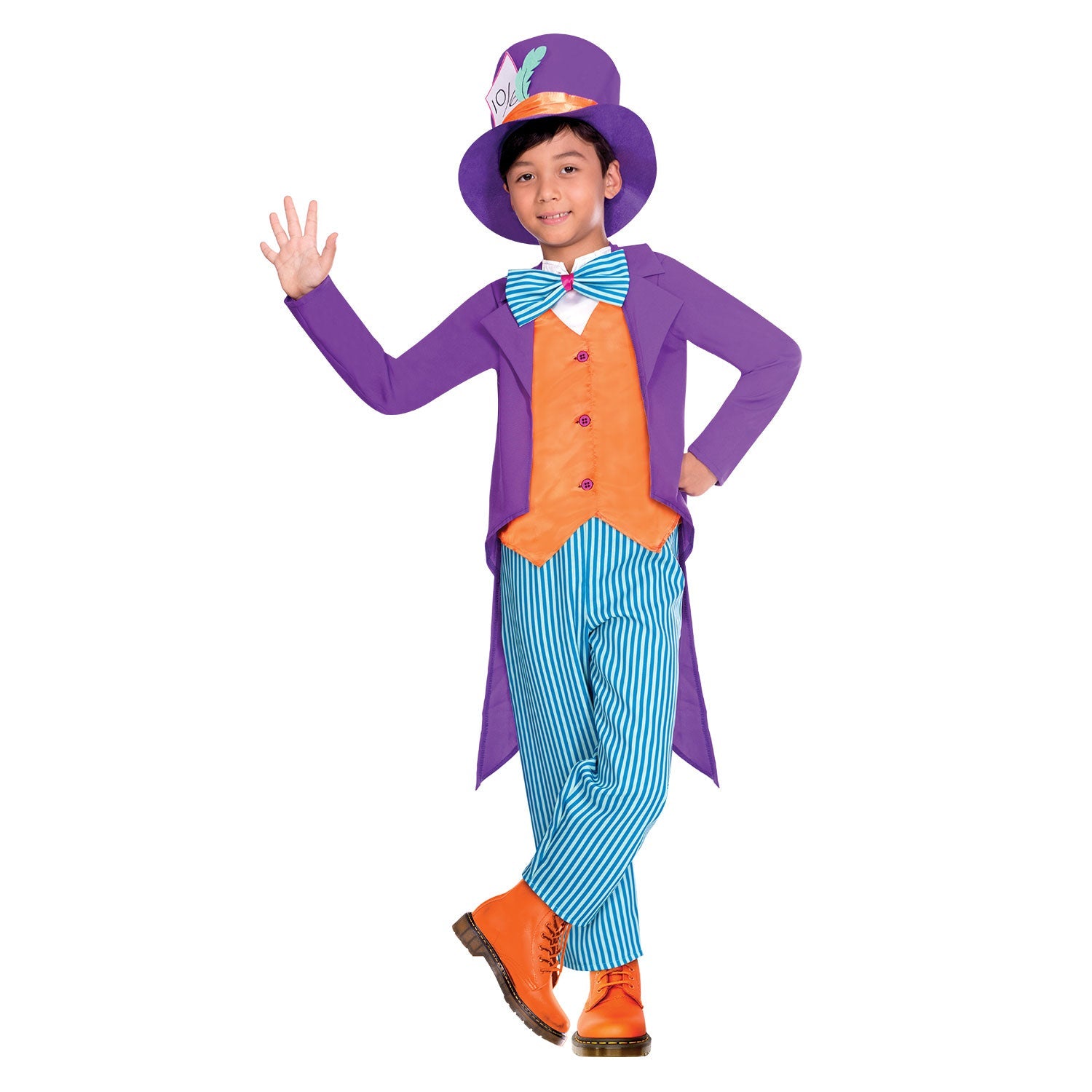 Tea Party Hatter Costume includes jacket with mock shirt, attached trousers and hat
