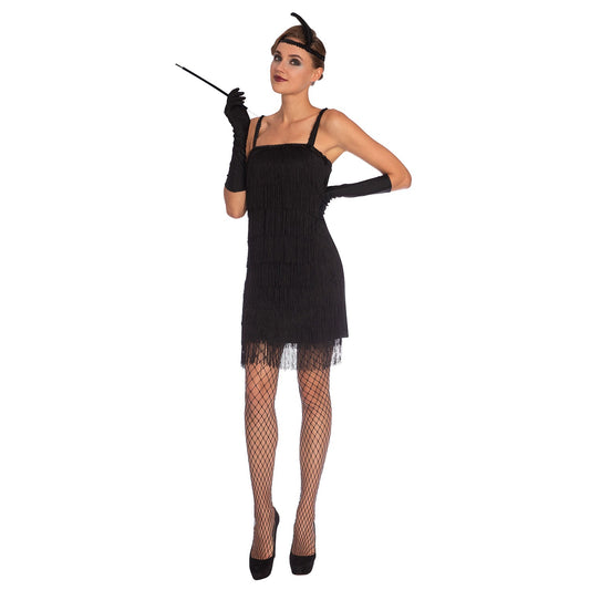 Ladies 1920s Black Flapper Costume includes dress| headpiece and gloves