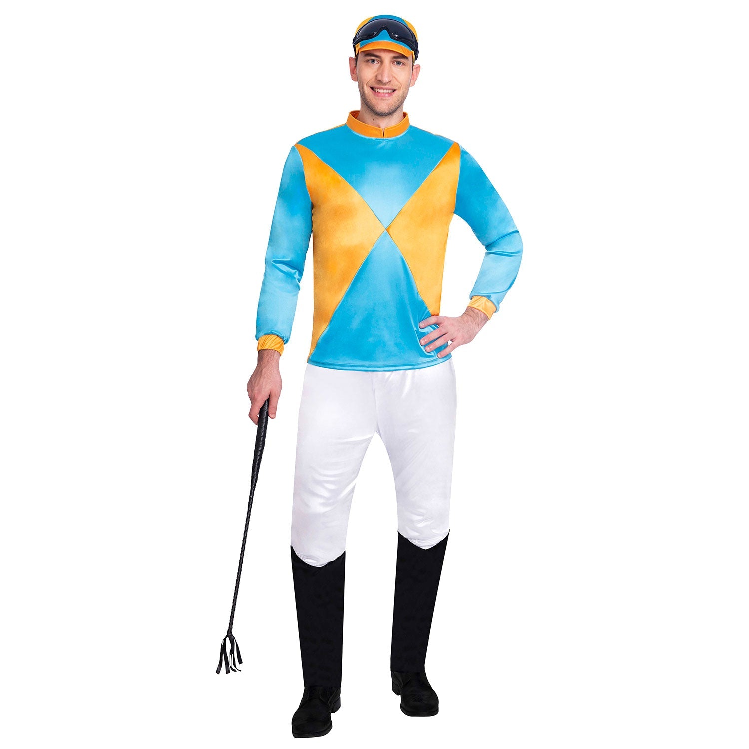 Mens Jockey Costume includes top, trousers, goggles and hat