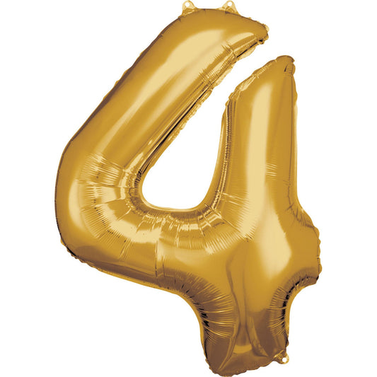 Gold Supershape Number 4 Foil Balloon 88cm (34in) height by 66cm (25in) width Balloon is sold uninflated. Can be inflated with air or helium.