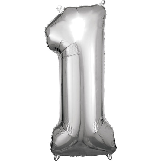 Silver Supershape Number 1 Foil Balloon 86cm (33in) height by 33cm (13in) width Balloon is sold uninflated. Can be inflated with air or helium.