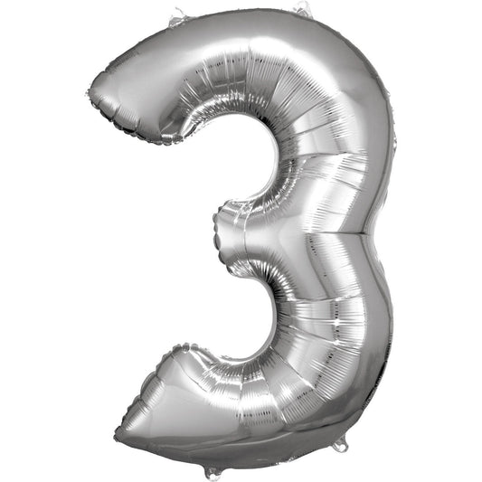 Silver Supershape Number 3 Foil Balloon 88cm (34in) height by 53cm (20in) width Balloon is sold uninflated. Can be inflated with air or helium.