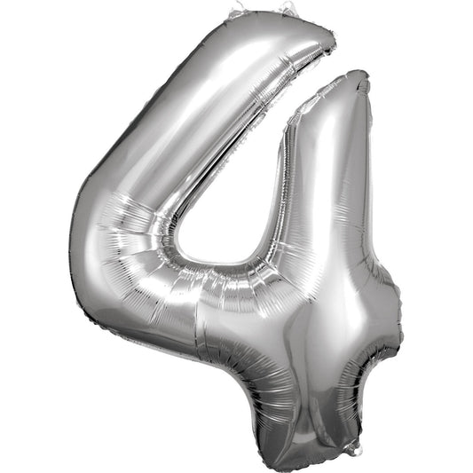 Silver Supershape Number 4 Foil Balloon 88cm (34in) height by 66cm (25in) width Balloon is sold uninflated. Can be inflated with air or helium.