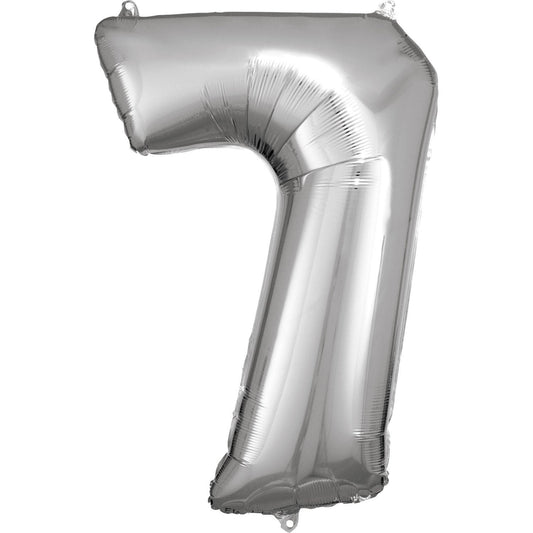 Silver Supershape Number 7 Foil Balloon 88cm (34in) height by 58cm (22in) width Balloon is sold uninflated. Can be inflated with air or helium.