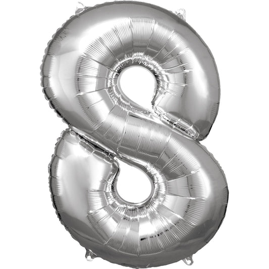 Silver Supershape Number 8 Foil Balloon 83cm (32in) height by 53cm (20in) width Balloon is sold uninflated. Can be inflated with air or helium.