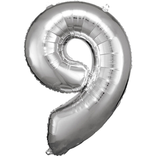 Silver Supershape Number 9 Foil Balloon 86cm (33in) height by 63cm (24in) width Balloon is sold uninflated. Can be inflated with air or helium.