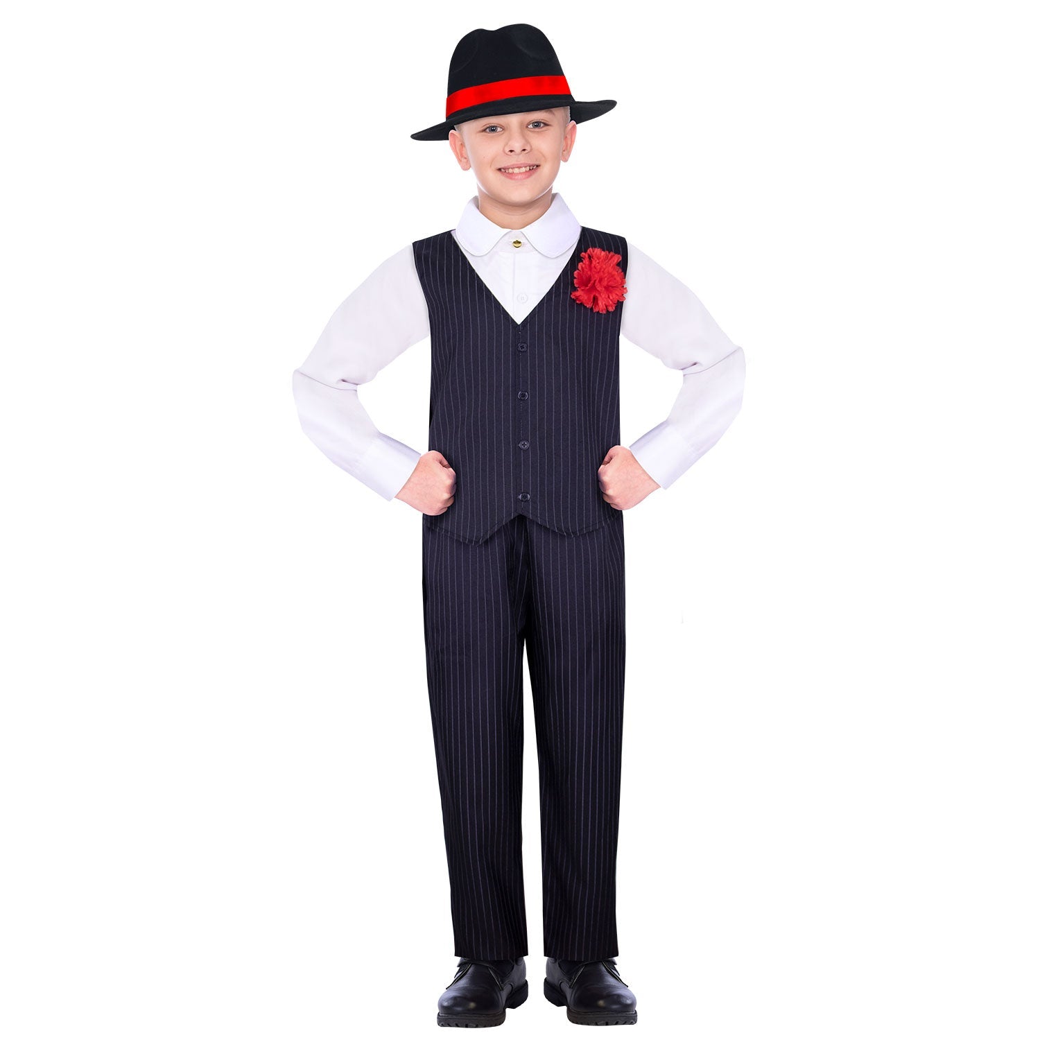 Gangster Boy Costume includes shirt with mock waistcoat, trousers and hat
