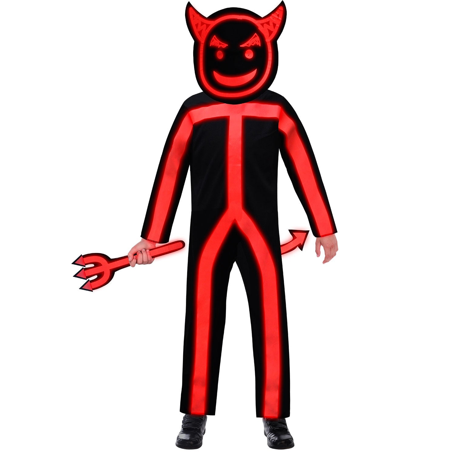 Glow in the Dark Stick Devil Costume includes jumpsuit, mask, tail and trident