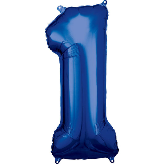 Blue Supershape Number 1 Foil Balloon 86cm (33in) height by 33cm (13in) width Balloon is sold uninflated. Can be inflated with air or helium.