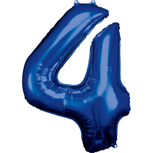 Blue Supershape Number 4 Foil Balloon 88cm (34in) height by 66cm (25in) width Balloon is sold uninflated. Can be inflated with air or helium.