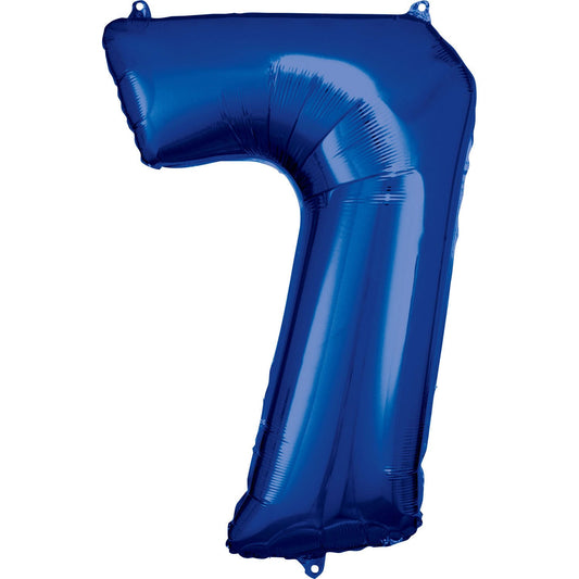 Blue Supershape Number 7 Foil Balloon 88cm (34in) height by 58cm (22in) width Balloon is sold uninflated. Can be inflated with air or helium.