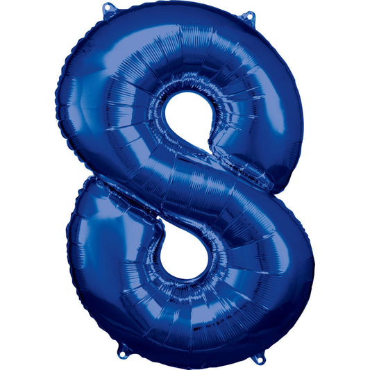 Blue Supershape Number 8 Foil Balloon 83cm (32in) height by 53cm (20in) width Balloon is sold uninflated. Can be inflated with air or helium.