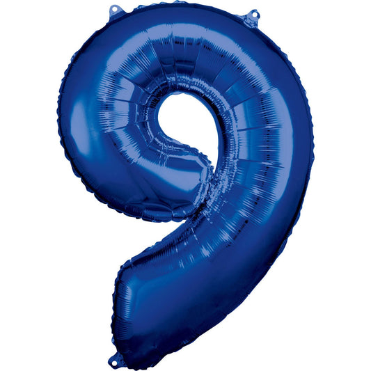 Blue Supershape Number 9 Foil Balloon 86cm (33in) height by 63cm (24in) width Balloon is sold uninflated. Can be inflated with air or helium.